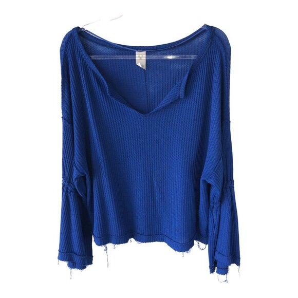 We The Free Cobalt Blue Waffle Split Neck Raw Hem Long Bell Sleeve Top Medium - Picture 3 of 11